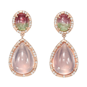 Watermelon Tourmaline and Rose Quartz Drop Earrings with Scattered Diamonds