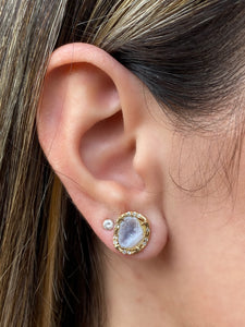 White Baby Geode Stud Earrings with Scattered Diamonds